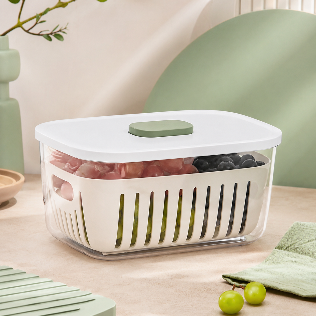 FreshGuard Produce Keeper – Ventilated Fridge Storage Container with Removable Drain Basket, Sealed Lid & Freshness-Control Button for Fruits, Vegetables and Meal Prep