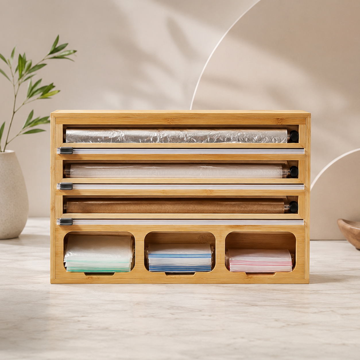 All-in-One Bamboo Wrap & Bag Organizer – Countertop Foil, Plastic Wrap, Parchment Paper & Food Storage Bag Dispenser with Sliding Cutters