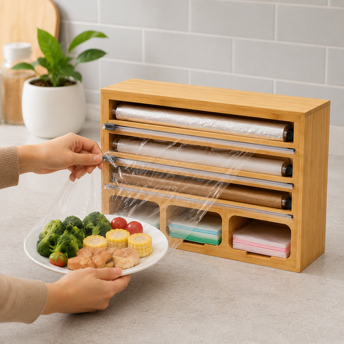 All-in-One Bamboo Wrap & Bag Organizer – Countertop Foil, Plastic Wrap, Parchment Paper & Food Storage Bag Dispenser with Sliding Cutters
