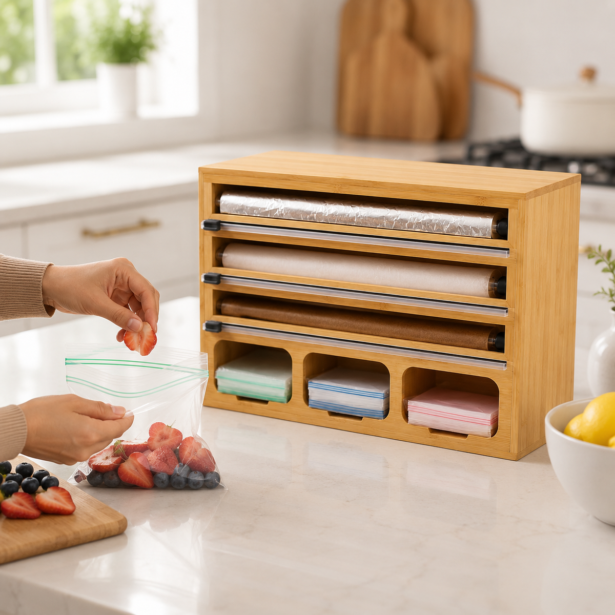 All-in-One Bamboo Wrap & Bag Organizer – Countertop Foil, Plastic Wrap, Parchment Paper & Food Storage Bag Dispenser with Sliding Cutters
