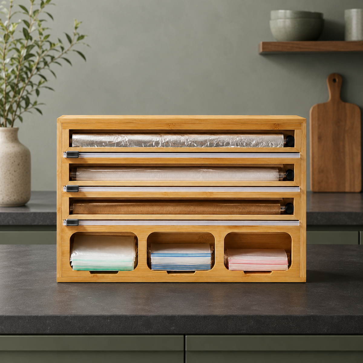 All-in-One Bamboo Wrap & Bag Organizer – Countertop Foil, Plastic Wrap, Parchment Paper & Food Storage Bag Dispenser with Sliding Cutters