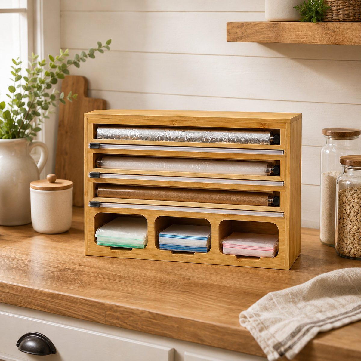 All-in-One Bamboo Wrap & Bag Organizer – Countertop Foil, Plastic Wrap, Parchment Paper & Food Storage Bag Dispenser with Sliding Cutters