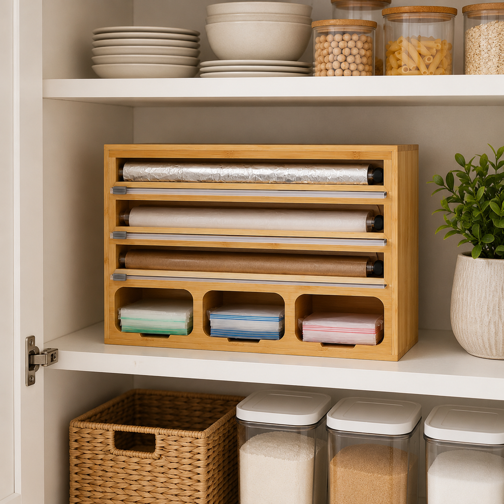 All-in-One Bamboo Wrap & Bag Organizer – Countertop Foil, Plastic Wrap, Parchment Paper & Food Storage Bag Dispenser with Sliding Cutters
