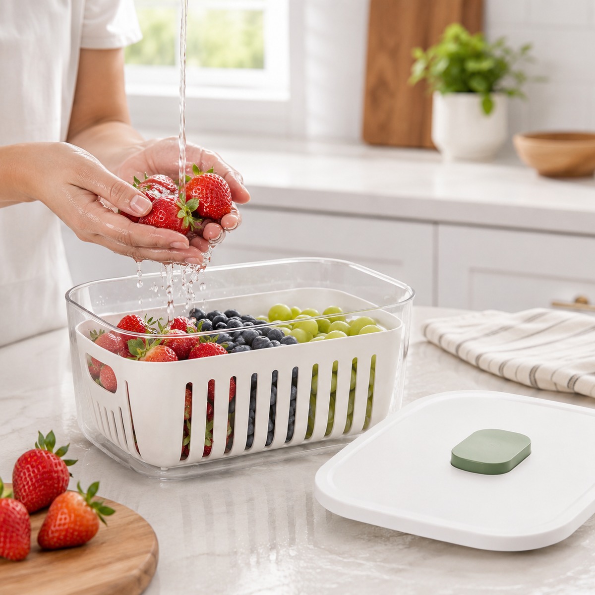 FreshGuard Produce Keeper – Ventilated Fridge Storage Container with Removable Drain Basket, Sealed Lid & Freshness-Control Button for Fruits, Vegetables and Meal Prep