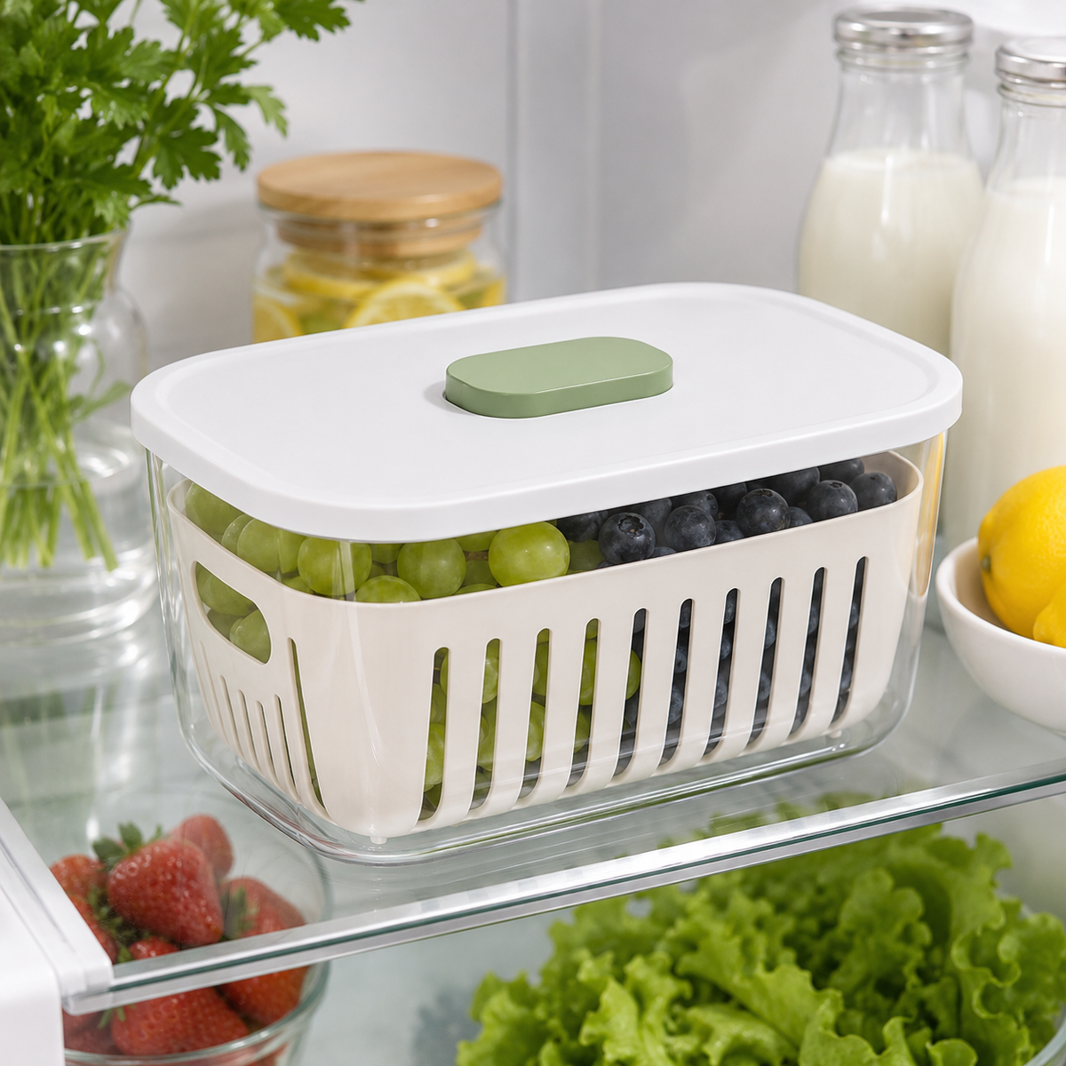 FreshGuard Produce Keeper – Ventilated Fridge Storage Container with Removable Drain Basket, Sealed Lid & Freshness-Control Button for Fruits, Vegetables and Meal Prep