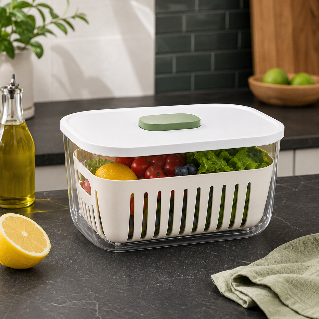 FreshGuard Produce Keeper – Ventilated Fridge Storage Container with Removable Drain Basket, Sealed Lid & Freshness-Control Button for Fruits, Vegetables and Meal Prep
