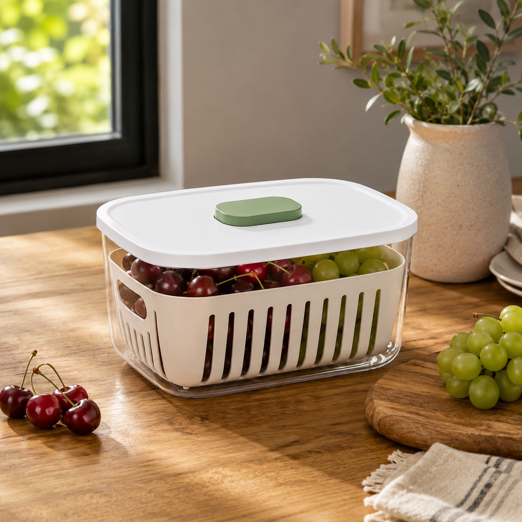FreshGuard Produce Keeper – Ventilated Fridge Storage Container with Removable Drain Basket, Sealed Lid & Freshness-Control Button for Fruits, Vegetables and Meal Prep