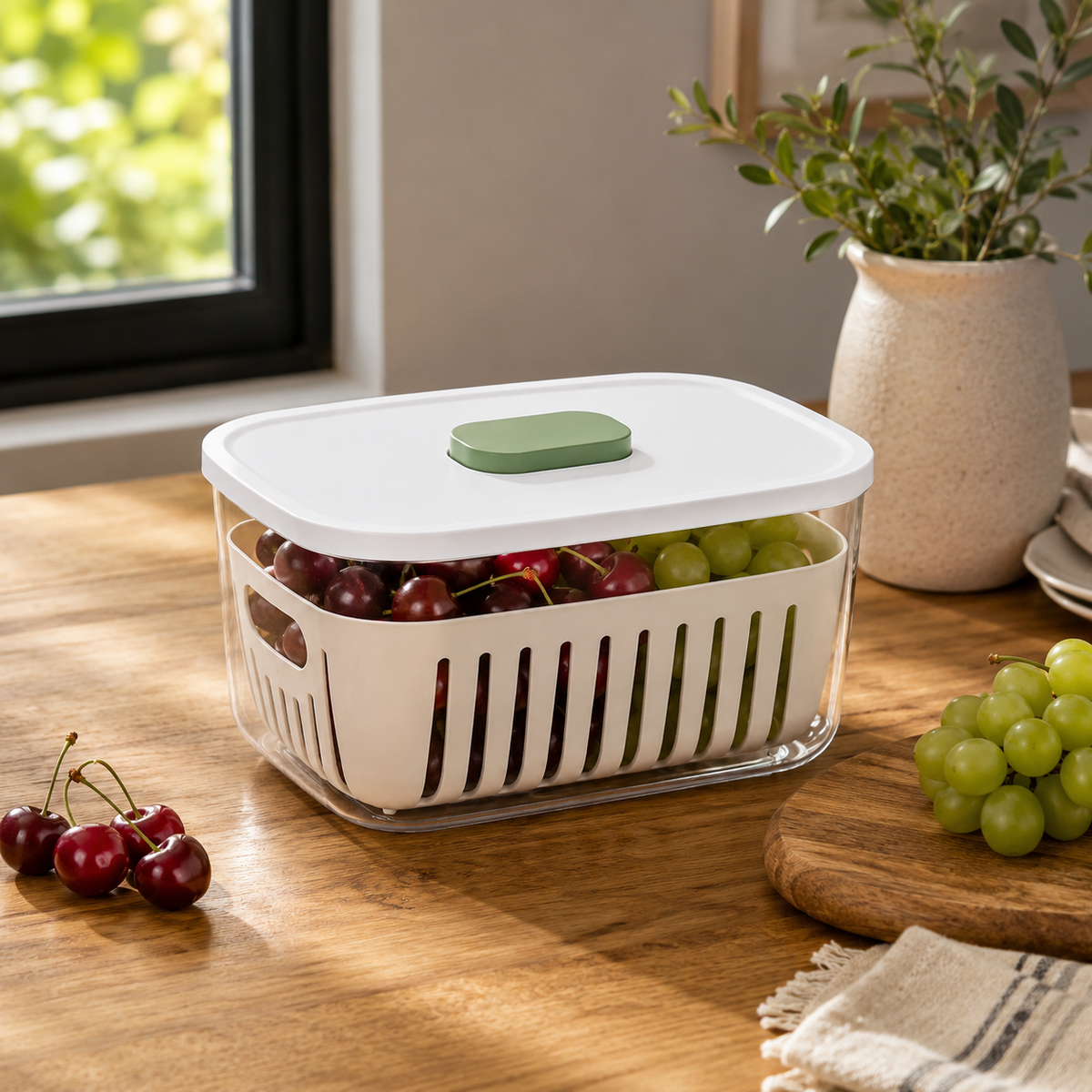 FreshGuard Produce Keeper – Ventilated Fridge Storage Container with Removable Drain Basket, Sealed Lid & Freshness-Control Button for Fruits, Vegetables and Meal Prep