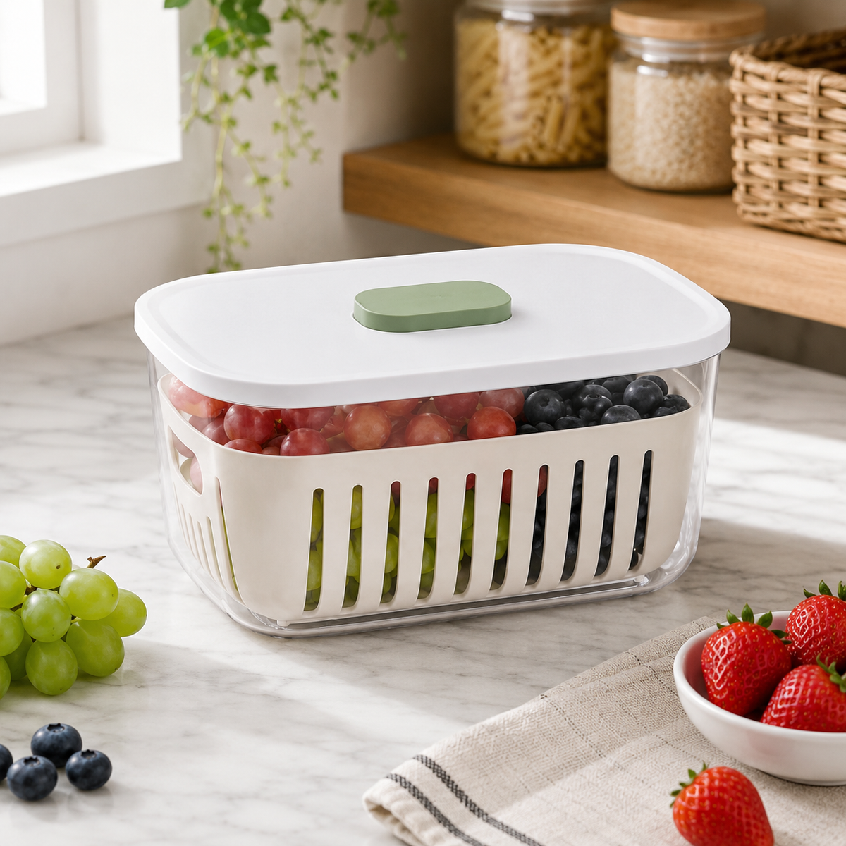 FreshGuard Produce Keeper – Ventilated Fridge Storage Container with Removable Drain Basket, Sealed Lid & Freshness-Control Button for Fruits, Vegetables and Meal Prep