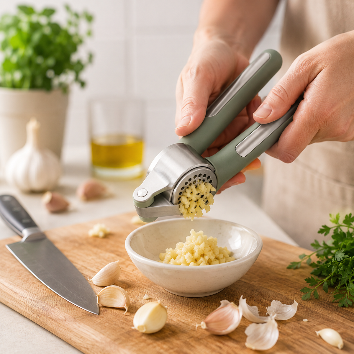 Heavy-Duty Garlic Press – Ergonomic Stainless Steel Garlic Crusher with Soft-Grip Handles for Fast, Even Mincing Without Knives