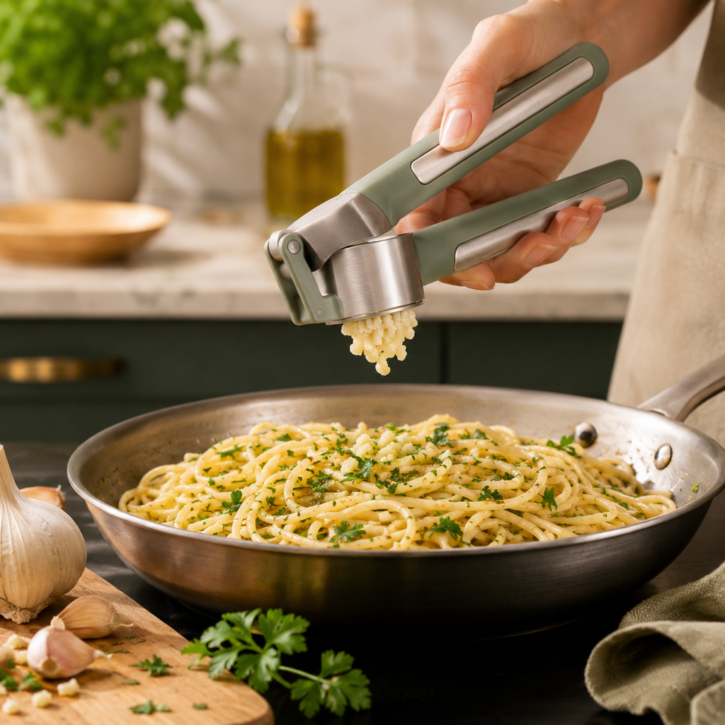 Heavy-Duty Garlic Press – Ergonomic Stainless Steel Garlic Crusher with Soft-Grip Handles for Fast, Even Mincing Without Knives