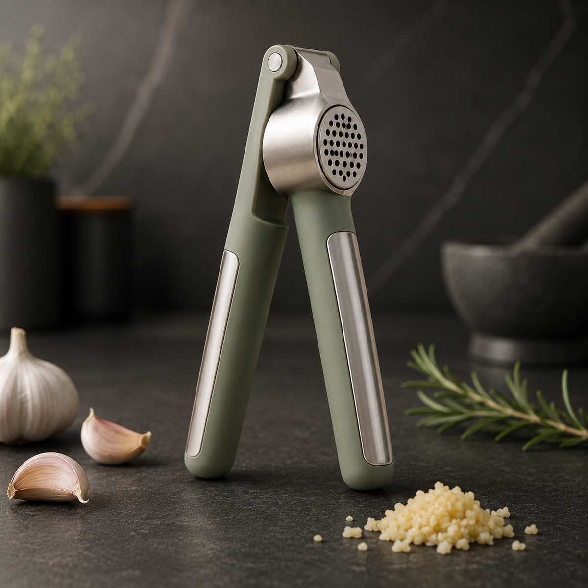Heavy-Duty Garlic Press – Ergonomic Stainless Steel Garlic Crusher with Soft-Grip Handles for Fast, Even Mincing Without Knives