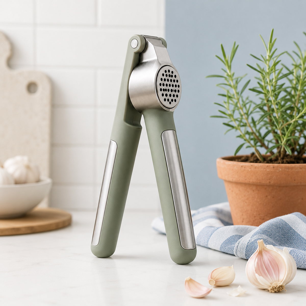 Heavy-Duty Garlic Press – Ergonomic Stainless Steel Garlic Crusher with Soft-Grip Handles for Fast, Even Mincing Without Knives
