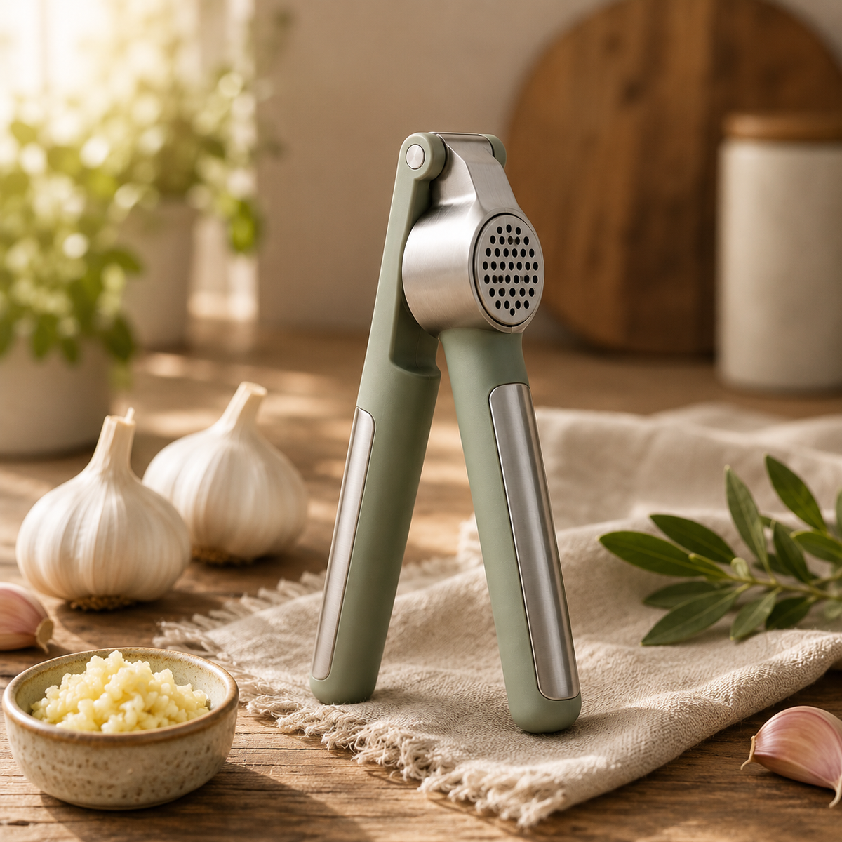 Heavy-Duty Garlic Press – Ergonomic Stainless Steel Garlic Crusher with Soft-Grip Handles for Fast, Even Mincing Without Knives