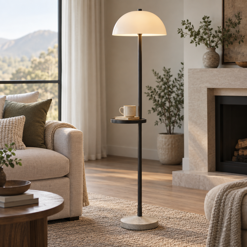 Modern Floor Lamp with Side Table – Dome Shade Reading Light with Built-In Shelf
