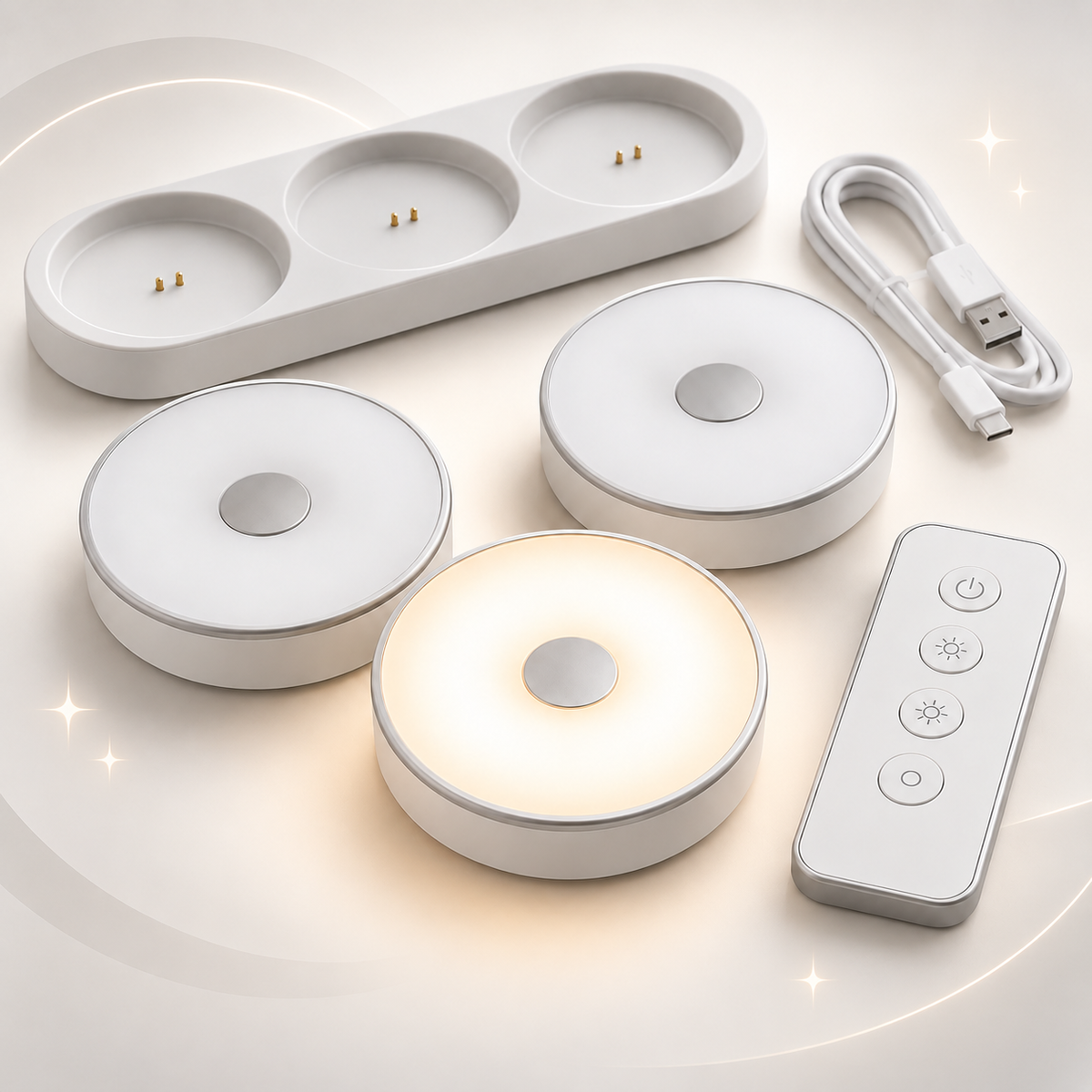 Rechargeable Wireless Puck Lights – 3-Pack LED Cabinet Lights with Charging Dock & Remote