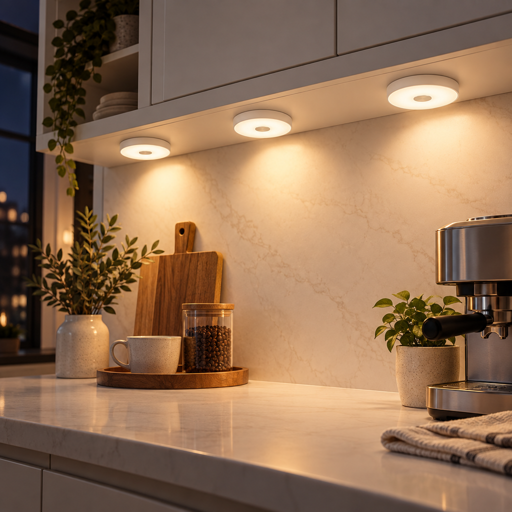 Rechargeable Wireless Puck Lights – 3-Pack LED Cabinet Lights with Charging Dock & Remote