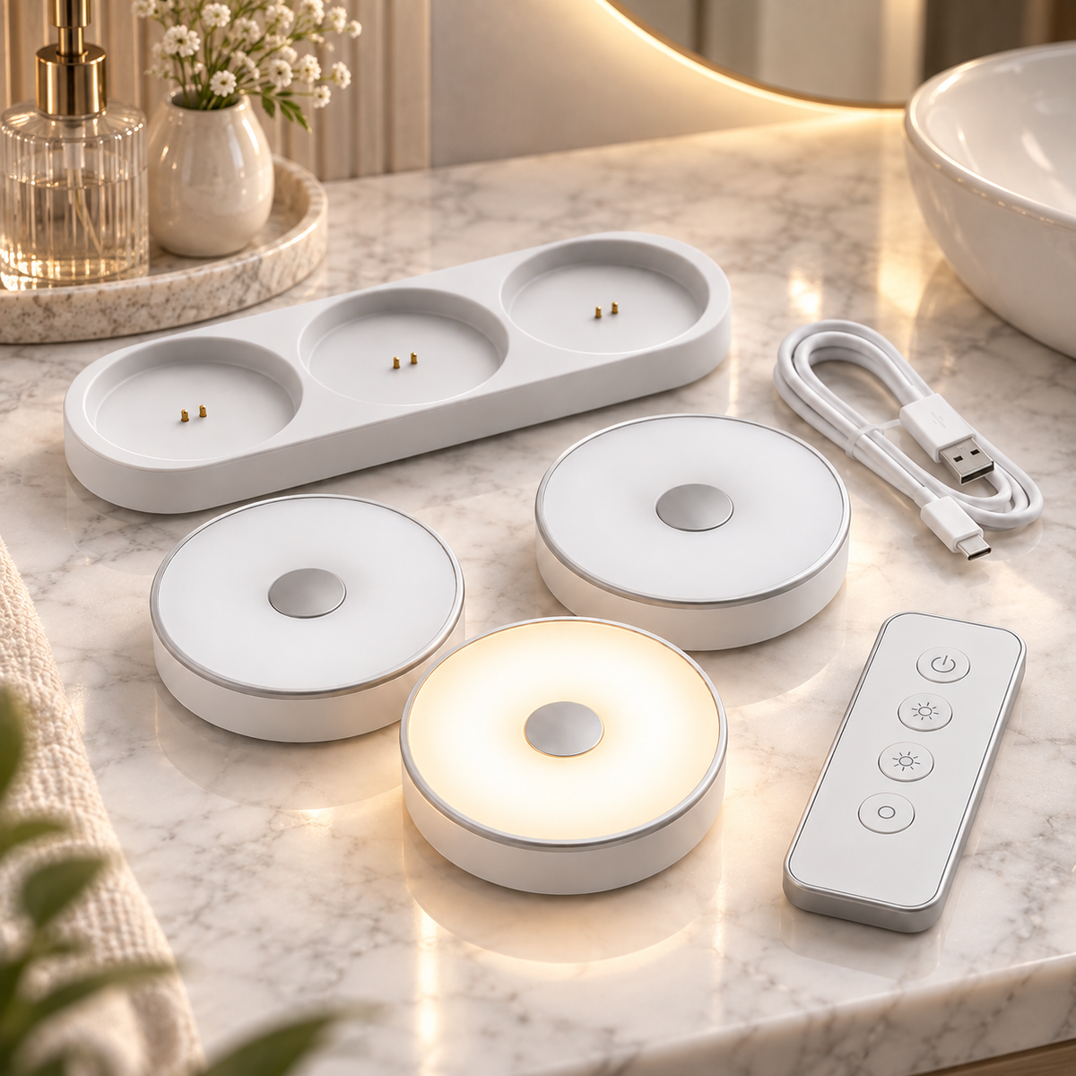Rechargeable Wireless Puck Lights – 3-Pack LED Cabinet Lights with Charging Dock & Remote