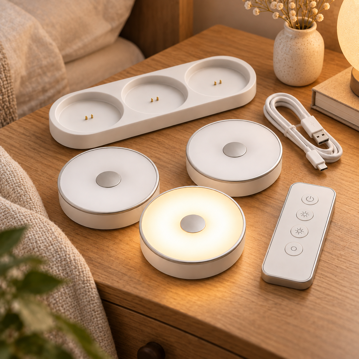 Rechargeable Wireless Puck Lights – 3-Pack LED Cabinet Lights with Charging Dock & Remote