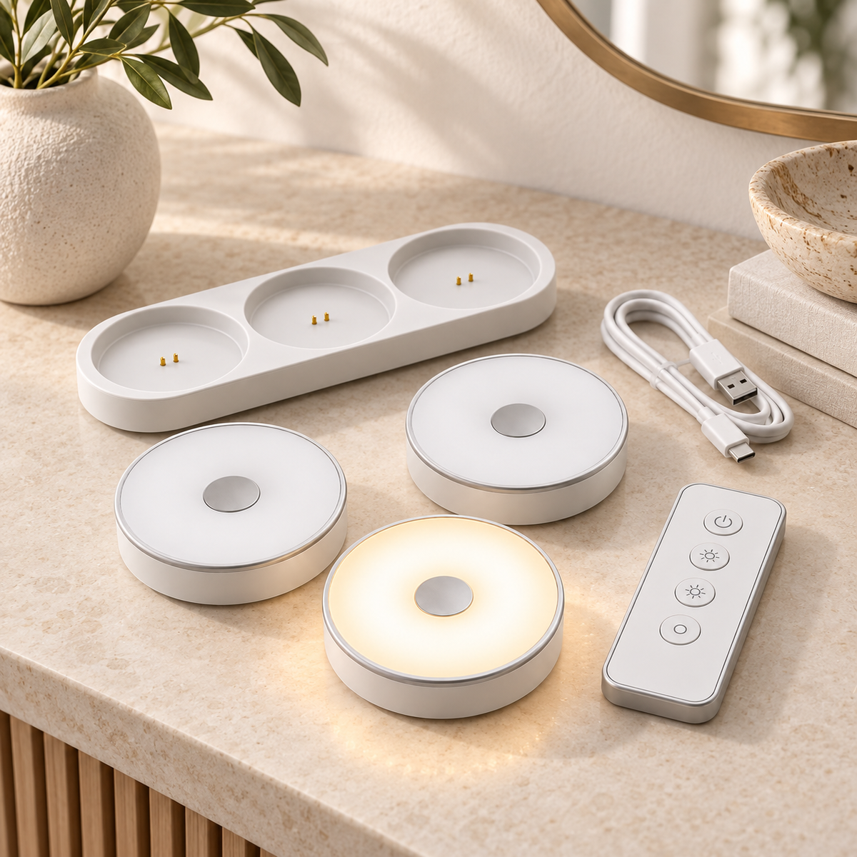 Rechargeable Wireless Puck Lights – 3-Pack LED Cabinet Lights with Charging Dock & Remote