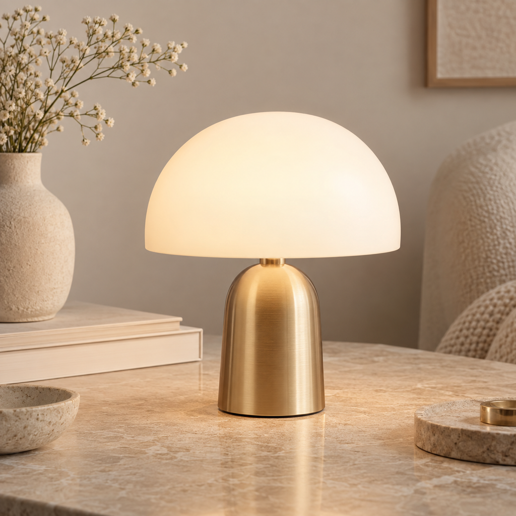 Modern Cordless Mushroom Table Lamp – Warm LED Accent Light with Brushed Gold Base