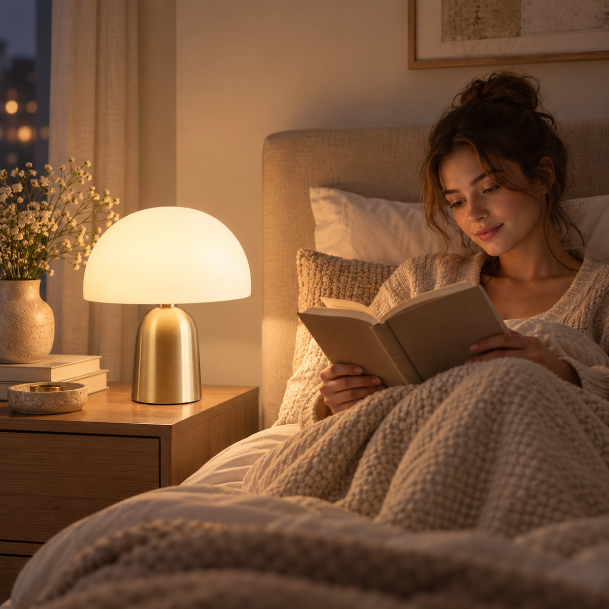 Modern Cordless Mushroom Table Lamp – Warm LED Accent Light with Brushed Gold Base