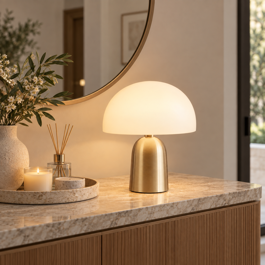 Modern Cordless Mushroom Table Lamp – Warm LED Accent Light with Brushed Gold Base
