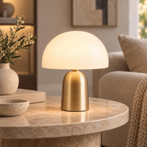 Modern Cordless Mushroom Table Lamp – Warm LED Accent Light with Brushed Gold Base
