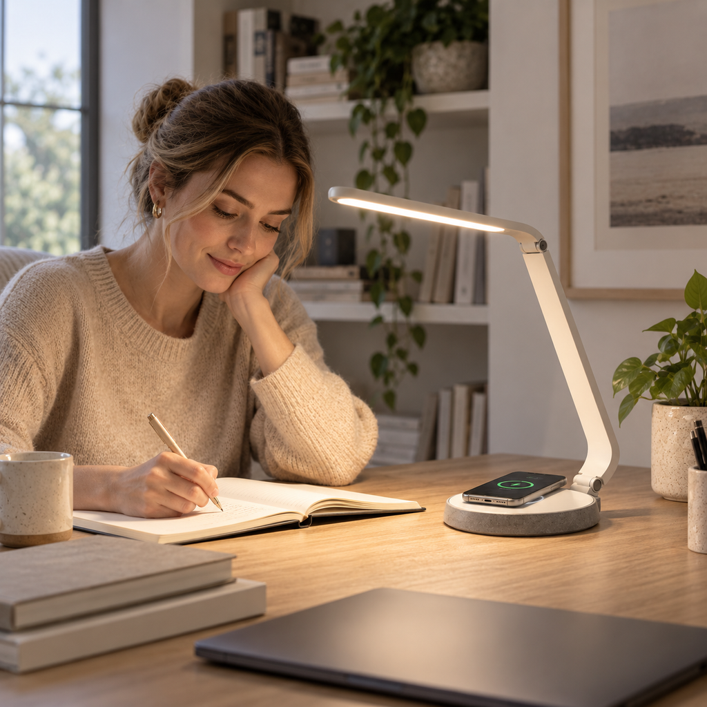 LED Desk Lamp with Wireless Charging – Adjustable Modern Task Light for Home & Office