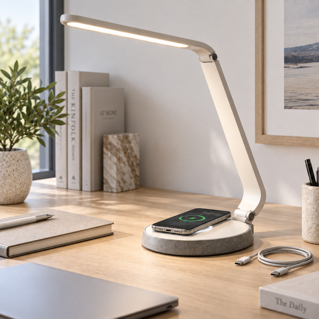 LED Desk Lamp with Wireless Charging – Adjustable Modern Task Light for Home & Office