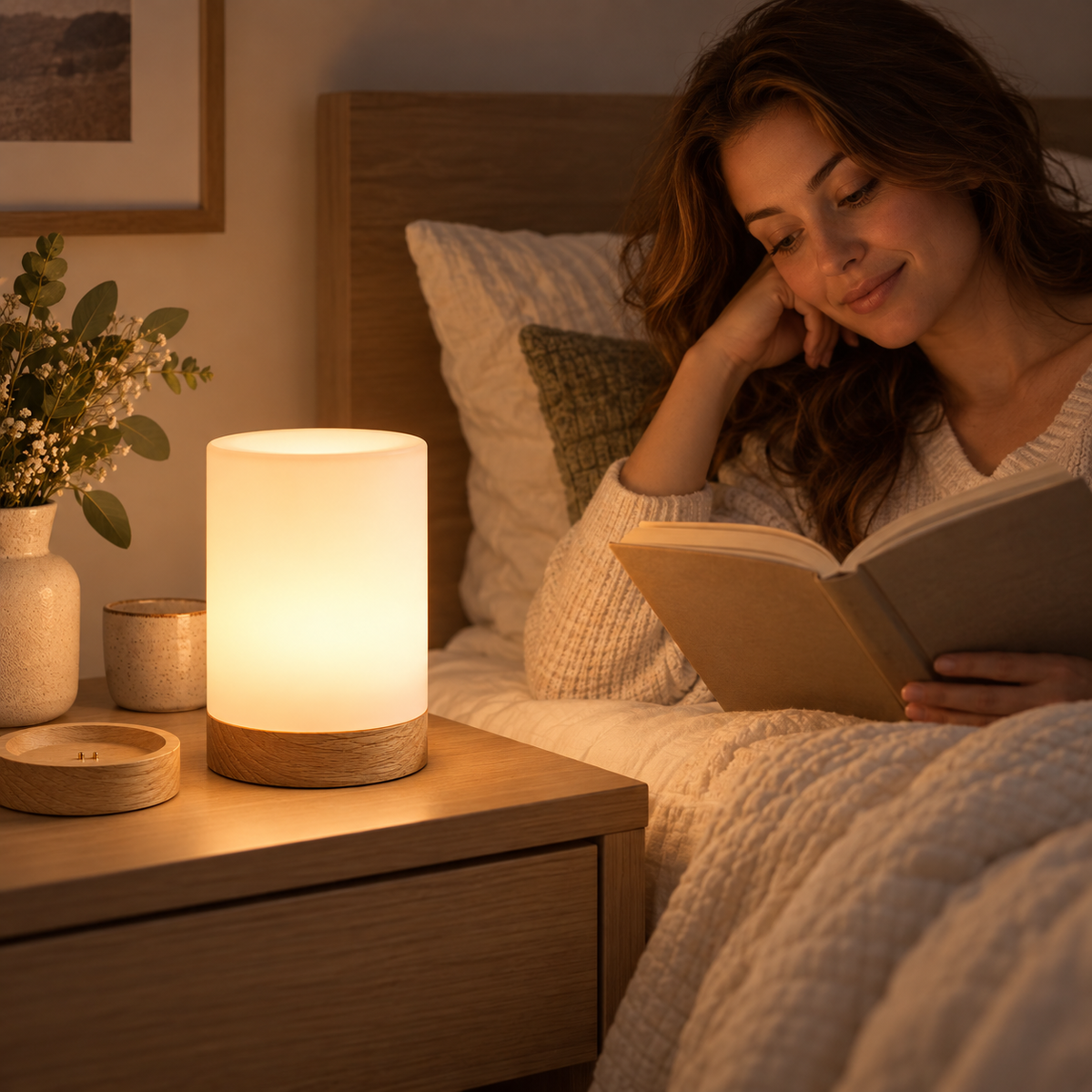 Rechargeable Touch Bedside Lamp with Charging Base – Warm LED Night Light with Wood Finish