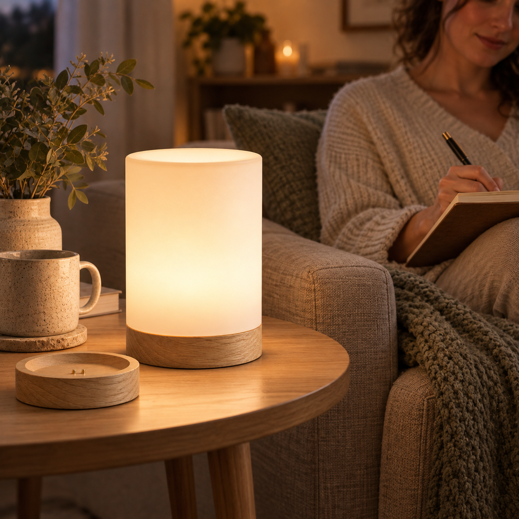 Rechargeable Touch Bedside Lamp with Charging Base – Warm LED Night Light with Wood Finish