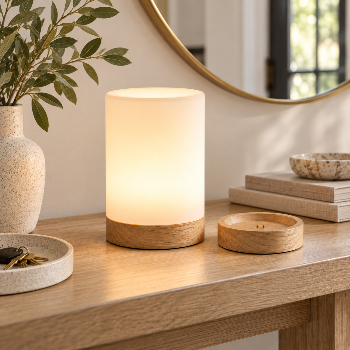 Rechargeable Touch Bedside Lamp with Charging Base – Warm LED Night Light with Wood Finish