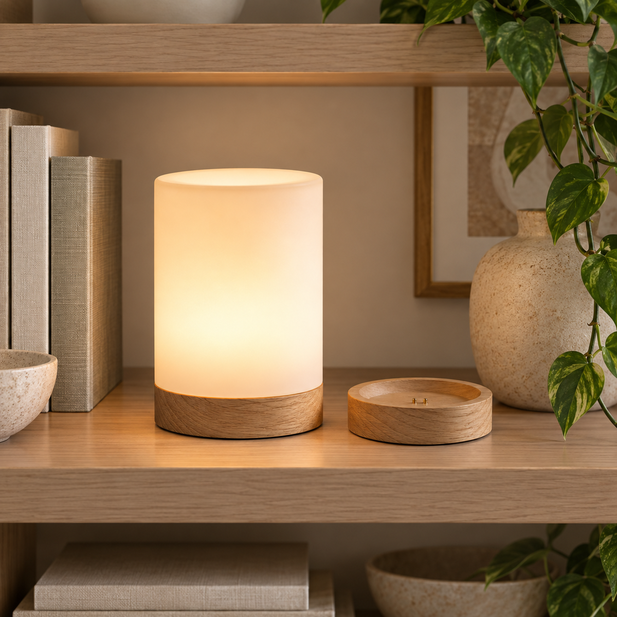 Rechargeable Touch Bedside Lamp with Charging Base – Warm LED Night Light with Wood Finish