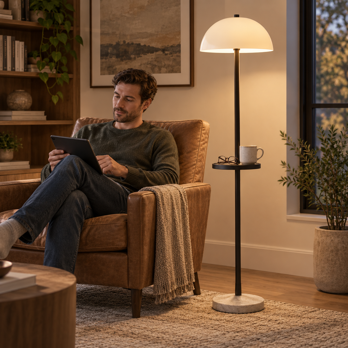 Modern Floor Lamp with Side Table – Dome Shade Reading Light with Built-In Shelf