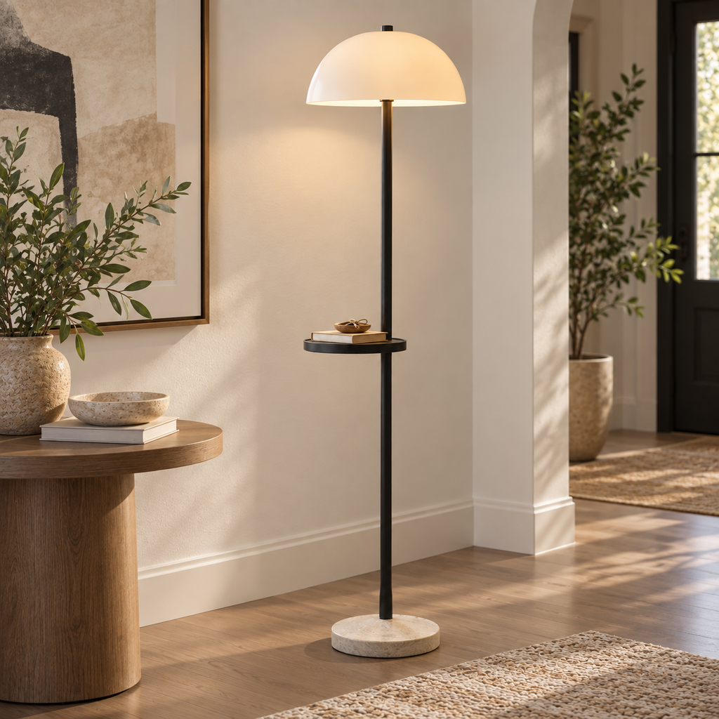 Modern Floor Lamp with Side Table – Dome Shade Reading Light with Built-In Shelf