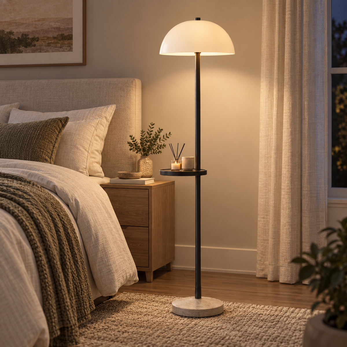 Modern Floor Lamp with Side Table – Dome Shade Reading Light with Built-In Shelf