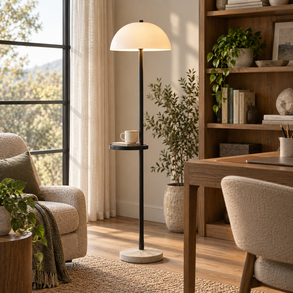 Modern Floor Lamp with Side Table – Dome Shade Reading Light with Built-In Shelf