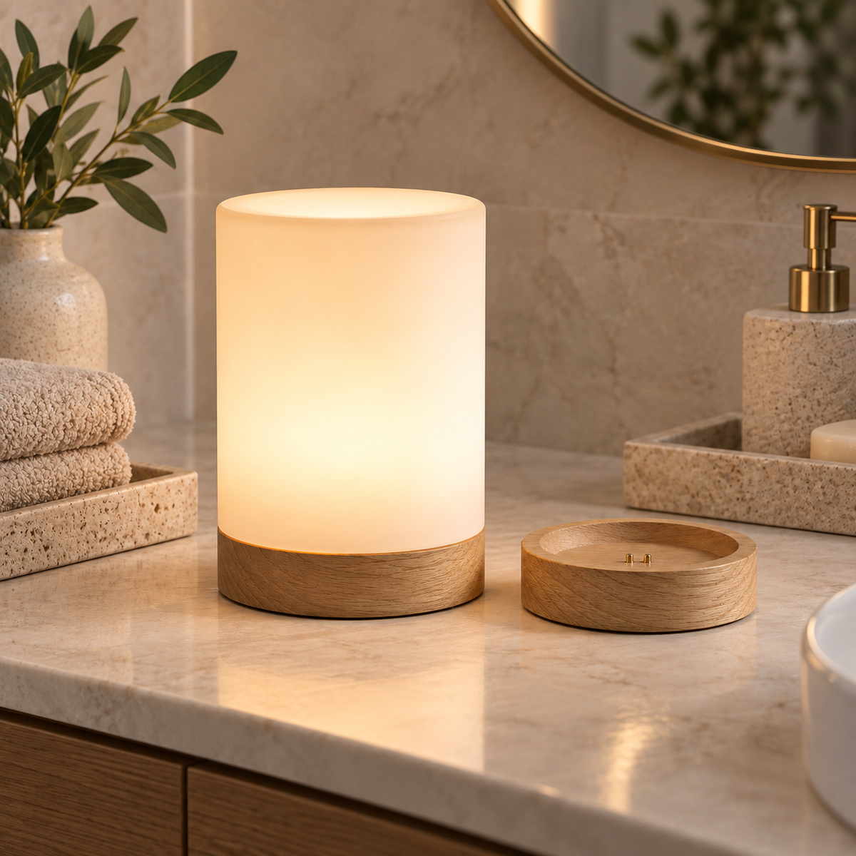 Rechargeable Touch Bedside Lamp with Charging Base – Warm LED Night Light with Wood Finish